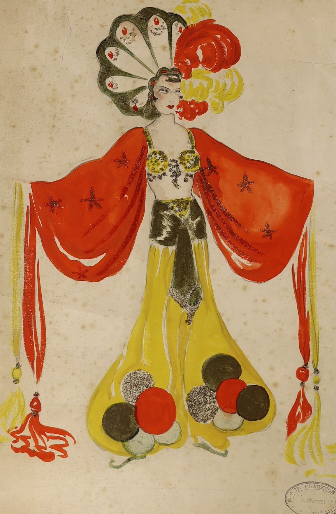 Walter Clarkson, pencil, watercolour and glitter, Costume design for an Arabian dancer, stamped, 47 x 30cm